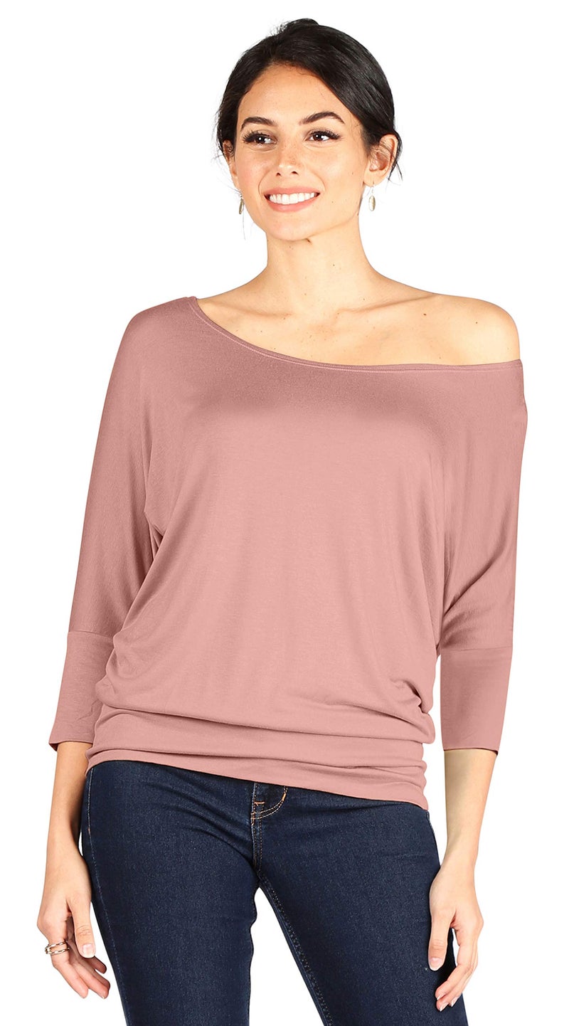 Simlu Dolman Tops for Women Off The Shoulder Tops Banded Waistband Shirts 3/4 Sleeves Regular and Plus Size Tops (Size X-Large, Dusty Rose) - Image 2